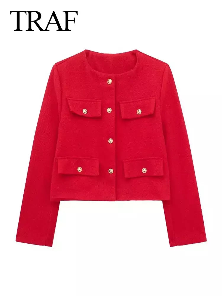 TRAF-Casaco Cropped feminino com botão dourado, blazer bomber, streetwear chique, blusa de casacos femininos, moda primavera, 2022