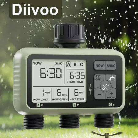 Diivoo temporizador de água para jardim, 3 saídas para mangueira de jardim, temporizador de irrigação automático programável ip54 com atraso de chuva, modo manual/automático