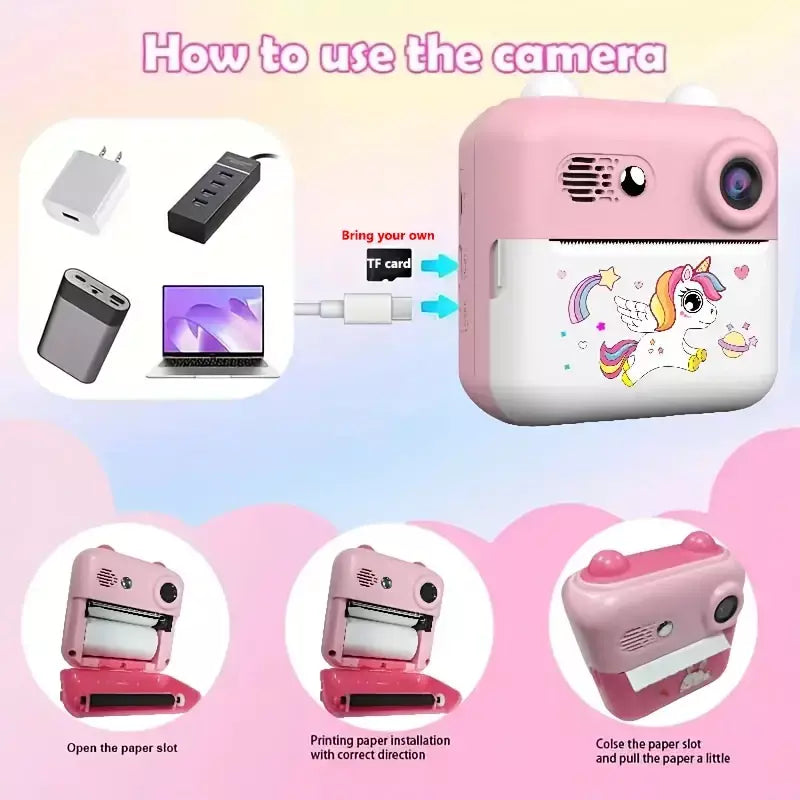 Câmera de impressão instantânea, impressão instantânea HD 1080P vem com vários filtros com inclui 1 rolo de papel e cordão