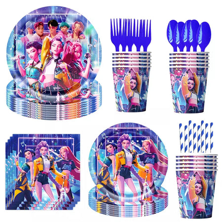 Conjunto de talheres para decoração de festa de aniversário, caçadores de demônios, copo, prato, guardanapo, banner, balão, meninas, coreano, kpop, anime, suprimentos de festa, decoração