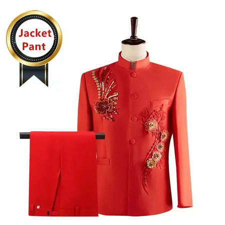 (Jaqueta + calça) moda masculina palco desempenho vestido ternos 2025 novo masculino estilo chinês levante-se colarinho decalque blazer e calças