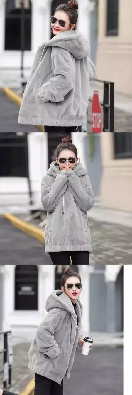 Jaqueta feminina com capuz de flanela forrada a lã, jaqueta curta solta, manga longa quente, comprimento médio, versão coreana, inverno, novo estilo