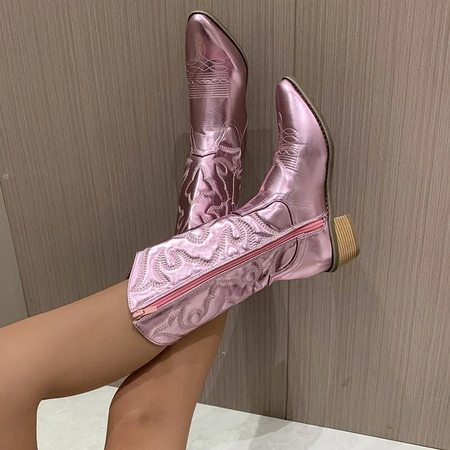 Botas meio da panturrilha para mulheres, zíper lateral, ponteiro prateado, vaqueiro ocidental, moda retrô, preto, dourado, tamanho grande 36-43