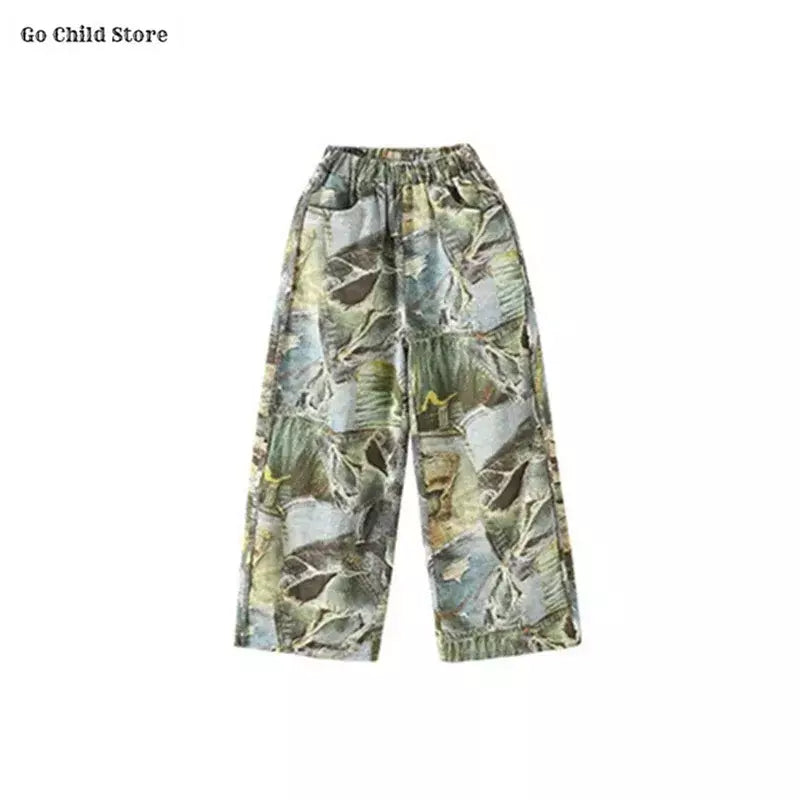 Girls Hip Hop Shiny Golden Crop Top Patchwork Jeans Pants Kids Streetwear Child Jazz Girl Group Costumes K-pop Retro Clothes Set