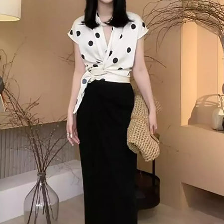 Blusas sem mangas de bolinhas para senhora, estilo francês, laço com renda, decote em v, tops sedosos, roupas elegantes de escritório, verão, novidade, 2022