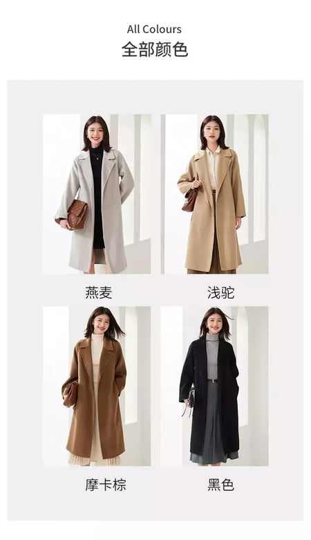Casaco de lã dupla face feminino com cinto, fivela, 10% casaco de caxemira, cintura amarrada, top longo, moda outono e inverno, 90% lã, novo