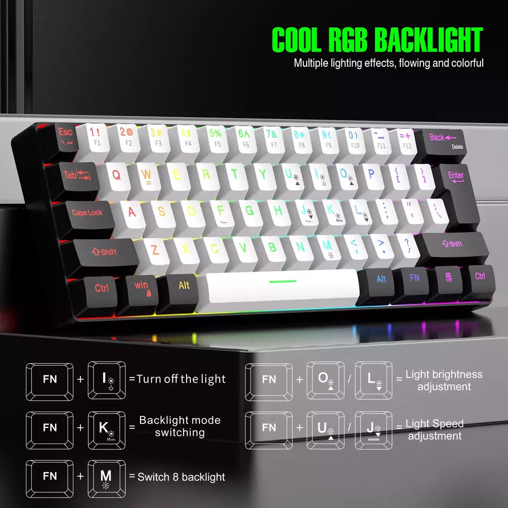 RGB Backlight Wired Mini Teclado Gaming, Ultra Compacto, Impermeável, Pequeno Compacto, 61 Teclas, Fit para PC, Mac Gamers, 60%