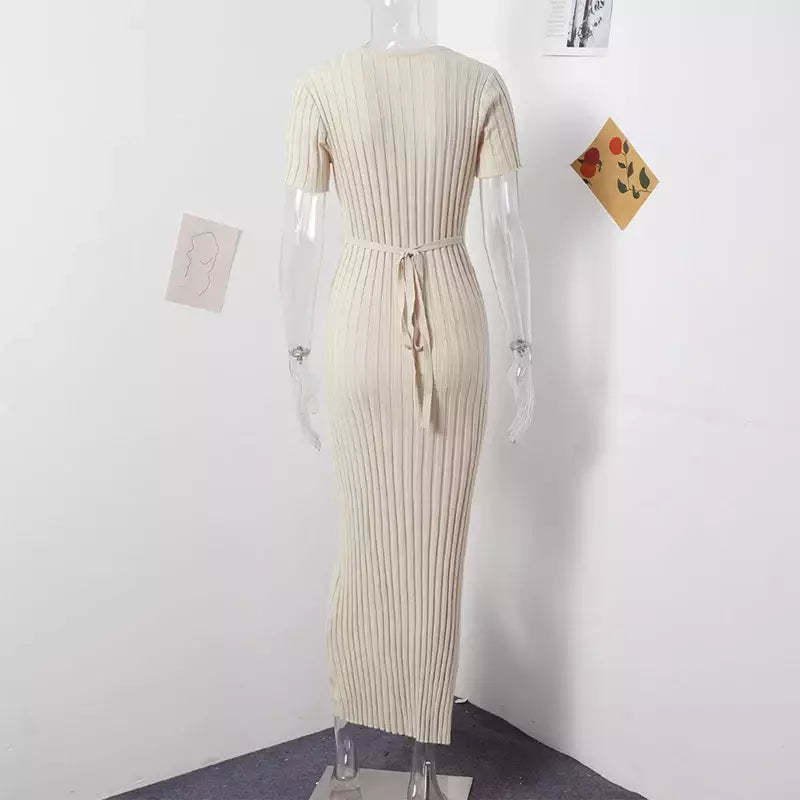 Vestido longo de malha monocromática feminino, manga curta, vestido feminino plissado, gola em O, quadril, primavera, moda verão, feminino, 2022