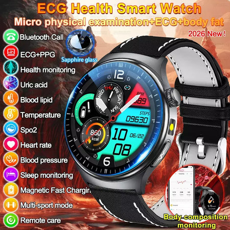 2026 novo relógio inteligente masculino feminino exame micro-físico ecg + ppg oxigênio no sangue ácido úrico pressão arterial safira smartwatch masculino