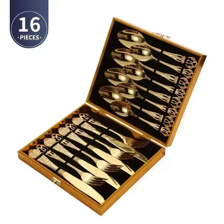 Conjunto de talheres de aço inoxidável dourado, colher europeia real, garfo, talheres completos, design retrô, seguro para máquina de lavar louça, talheres elegantes