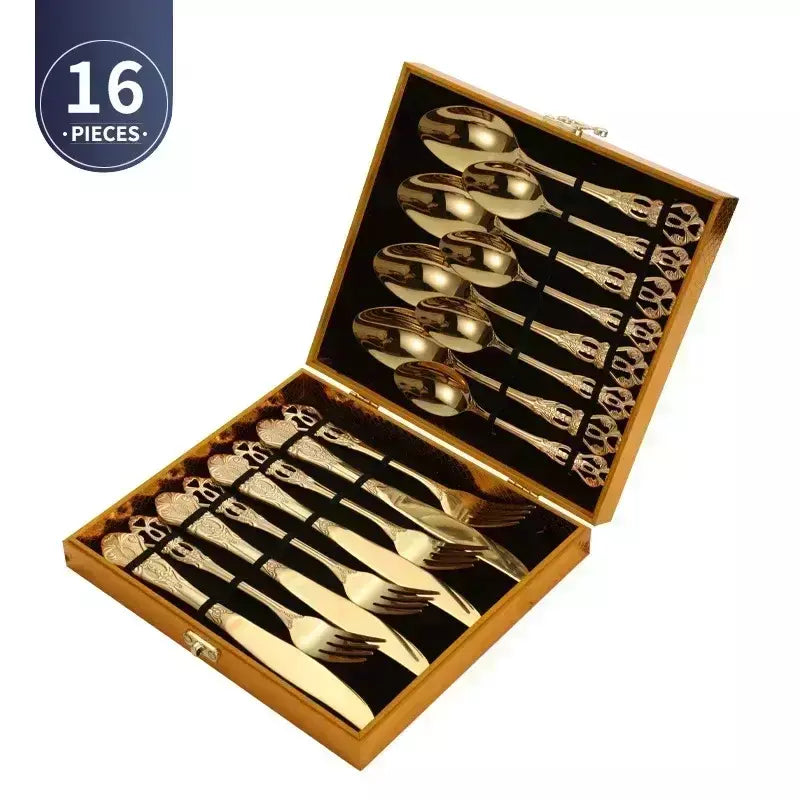 Conjunto de talheres de aço inoxidável dourado, colher europeia real, garfo, talheres completos, design retrô, seguro para máquina de lavar louça, talheres elegantes