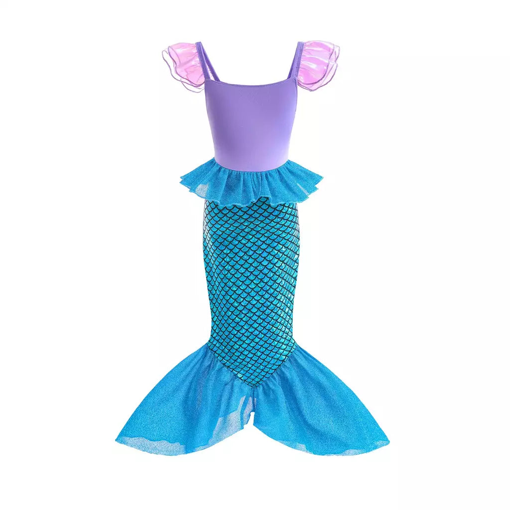 Meninas roxo-azul sereia ariel cosplay vestido de halloween vestido de festa de aniversário meninas praia vestido de férias
