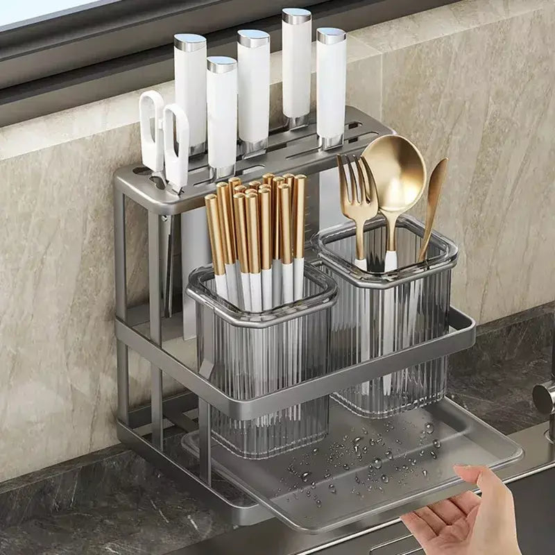 Novo fixado na parede talheres de cozinha faca colher garfo pauzinho drenagem rack escorredor utensílio cozinha armazenamento perfuração livre