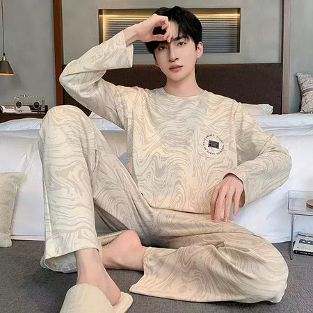 Pijama de algodão de duas peças masculino, calça de manga comprida, traje caseiro, estudante e adolescente, novo outono