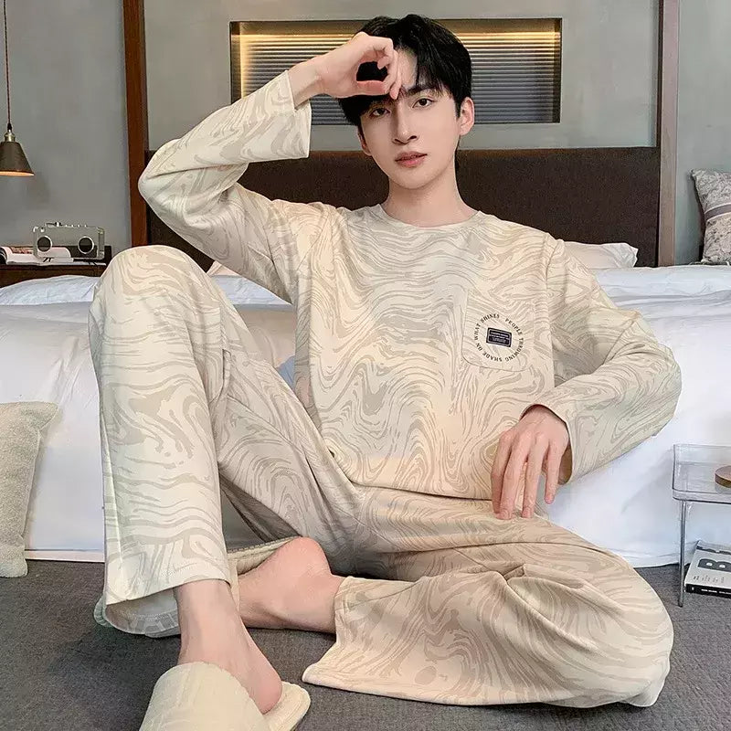 Pijama de algodão de duas peças masculino, calça de manga comprida, traje caseiro, estudante e adolescente, novo outono