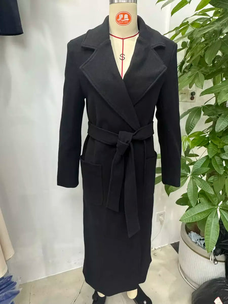 Tidalyf 2025 casaco longo feminino de mistura de lã, gola virada para baixo, cintura com cinto, manga comprida, comprimento da panturrilha, jaqueta com bolsos para o outono