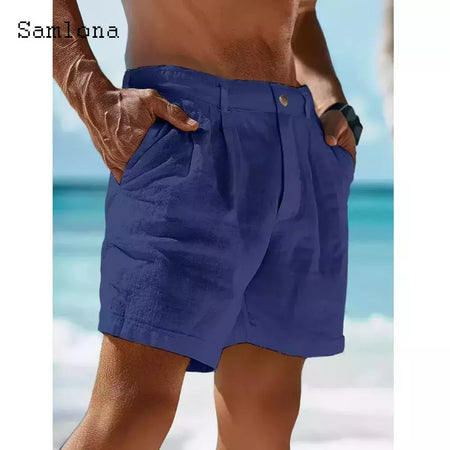 Calção de bolso de carrinho vintage masculino, linho algodão, estilo europeu, calça curta casual para praia, branco sólido, botão cáqui, calça voador, 2022
