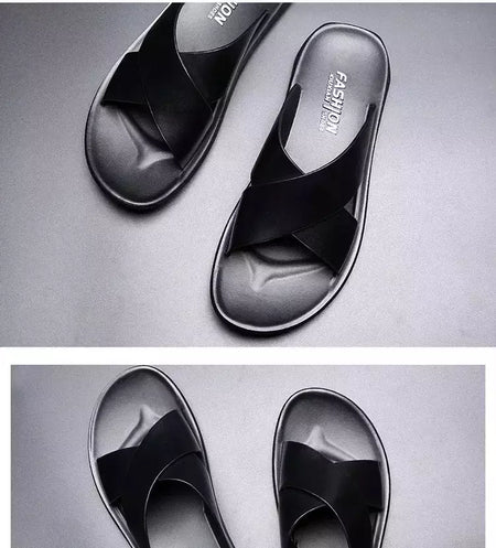Sandálias para homens chinelos de couro genuíno marca de luxo moda masculina apartamentos casuais antiderrapantes praia sandalia zapatos hombre 2024