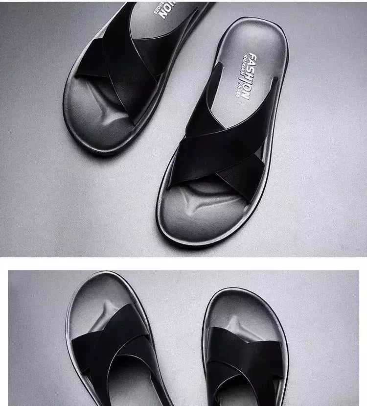 Sandálias para homens chinelos de couro genuíno marca de luxo moda masculina apartamentos casuais antiderrapantes praia sandalia zapatos hombre 2024