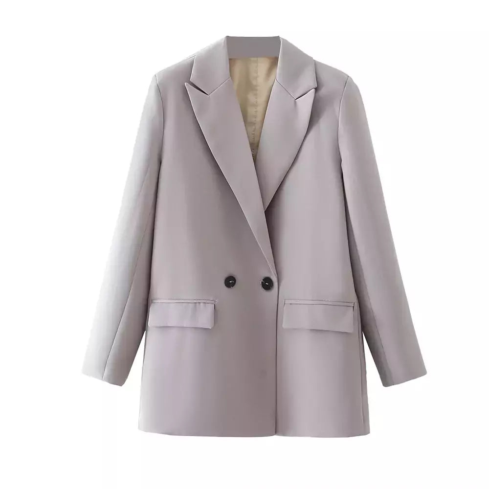 TRAF-Blazer de trespassado feminino, gola entalhada, manga comprida, chique, senhora do escritório, casaco vintage, casacos femininos, tops elegantes, moda