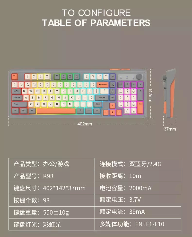Teclado sem fio multifuncional, Luz do arco-íris, 2.4G, Bluetooth, Conexão de modo duplo, Adequado para computador e laptop, 98 teclas