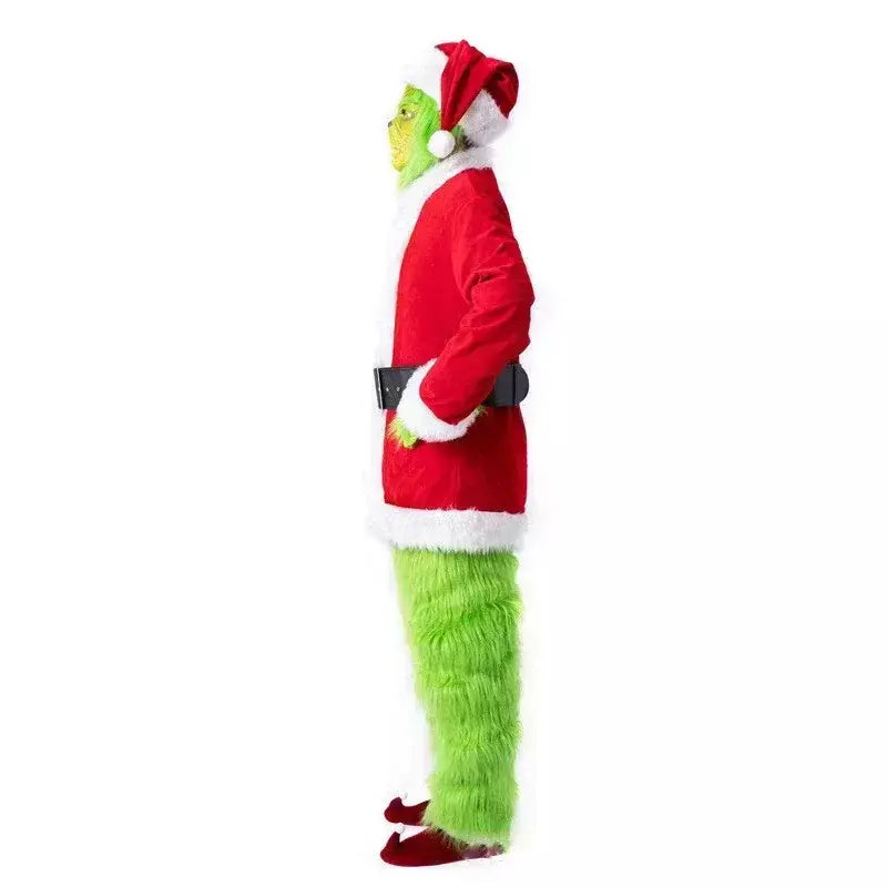 Conjunto de fantasia de papai noel, festa de natal, baile, adulto, dramatização, roupa verde, monstro desgrenhado, dia das bruxas, cosplay, luvas, máscara