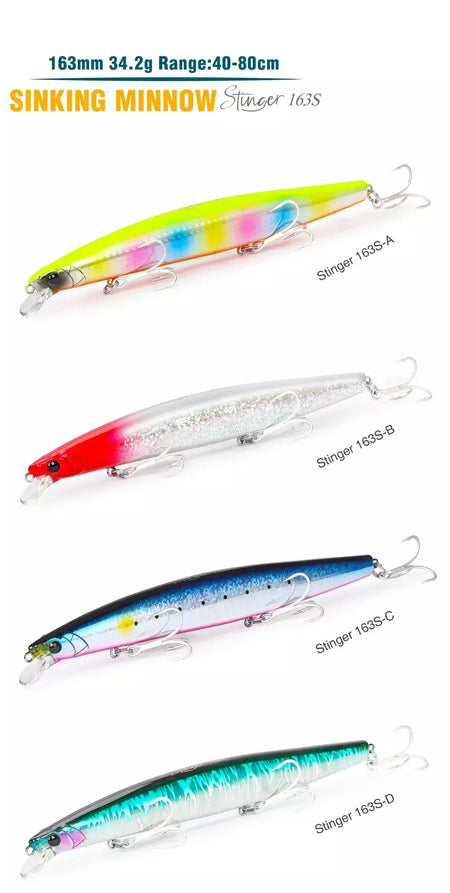 TSURIKNOYA-STINGER 163S-Ultra Long Casting Saltwater Sinking Minnow, Iscas de Pesca, Iscas Artificiais Duras para Robalo, 163mm, 34.2g
