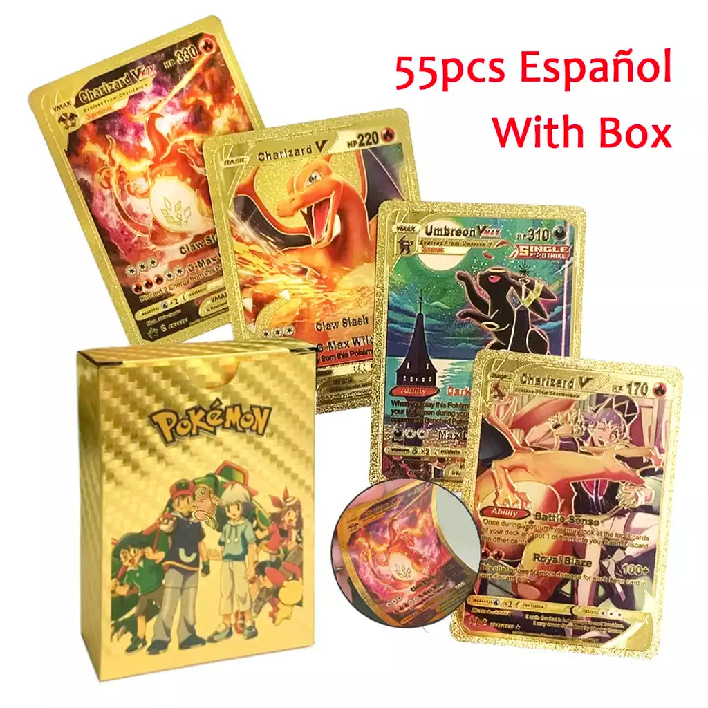 Novo 27-110 pçs cartas pokemon cartões francês inglês espanhol alemão folha de ouro silve cartões charizard vmax gx jogo coleção cartão