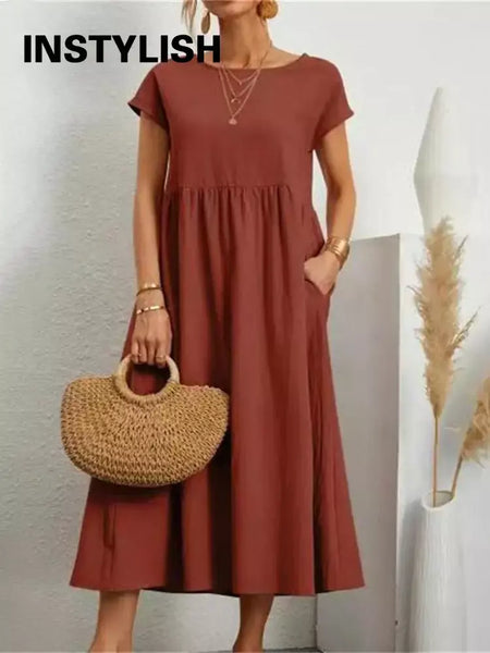 Vintage sólido midi vestido casual manga curta algodão e linho harajuku oversized vestido longo feminino verão y2k maxi vestido de verão 2023