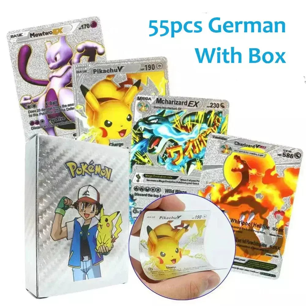 Cartão de folha de ouro colorido pokemon charizard pikachu arceus prata preto arco-íris inglês francês alemão espanhol vstar gx vmax cartões