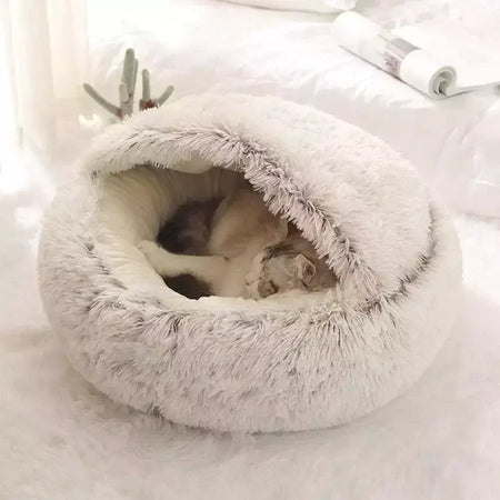 Almofada redonda para gatos, sacos de dormir semi fechados para animais de estimação, pelúcia longa e macia 2 em 1, camas quentes para gatos, conforto simples, ninho de dormir quente para cachorros