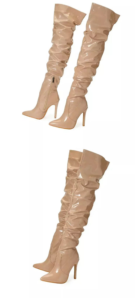 Eilyken-Patent Leather Apontado Toe Salto Alto para Mulheres, Botas Vermelhas Sobre o Joelho, Sapatos de Zíper Lateral, Stiletto Sólido, Calçado Feminino