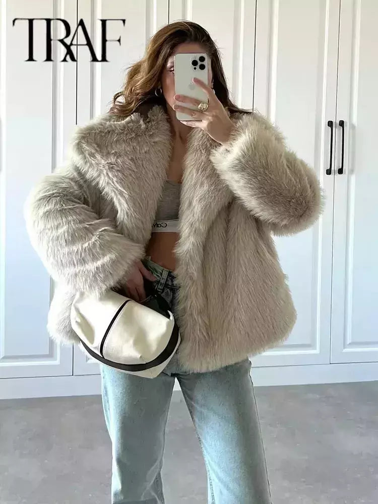 TRAF-Jaqueta feminina de tecido de lantejoulas de metal, casaco solto, gola alta, manga comprida, outerwear feminino chique, outono, inverno, 2023
