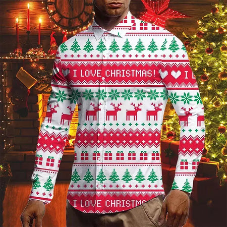 Camisas para homens outono natal férias lapela blusa masculina férias moda roupas masculinas diariamente rua camisas de manga longa botões