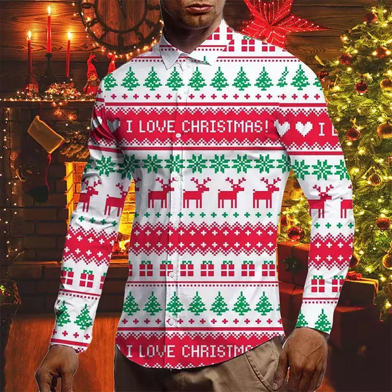 Camisas para homens outono natal férias lapela blusa masculina férias moda roupas masculinas diariamente rua camisas de manga longa botões