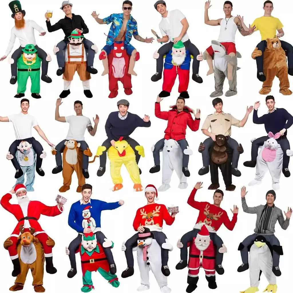 Adulto Halloween Cosplay Trajes para homens e mulheres, Ride On Me Mascote, Carry Back, Calças de animais engraçados, Perna falsa, Festa de Natal