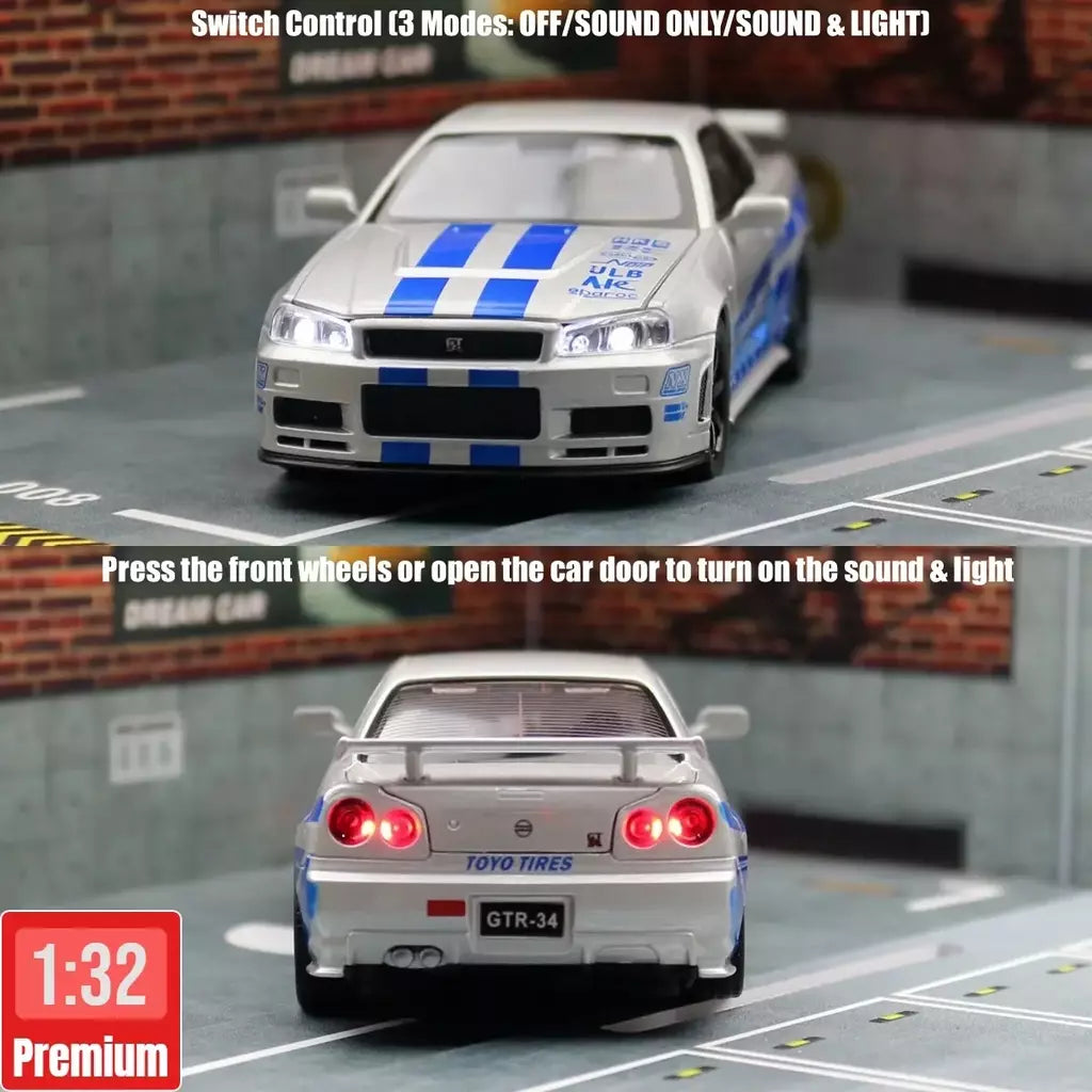 1/32 nissan skyline gtr r34 jdm modelo de carro de brinquedo diecast veículo em miniatura som & luz puxar para trás coleção presente crianças menino