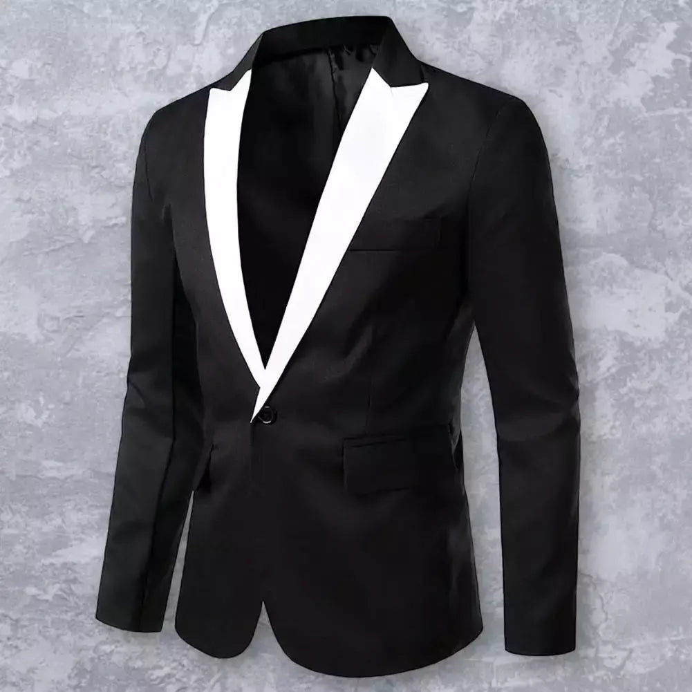 Blazer de manga comprida masculino, jaqueta formal, botão único, cor de contraste, casacos masculinos
