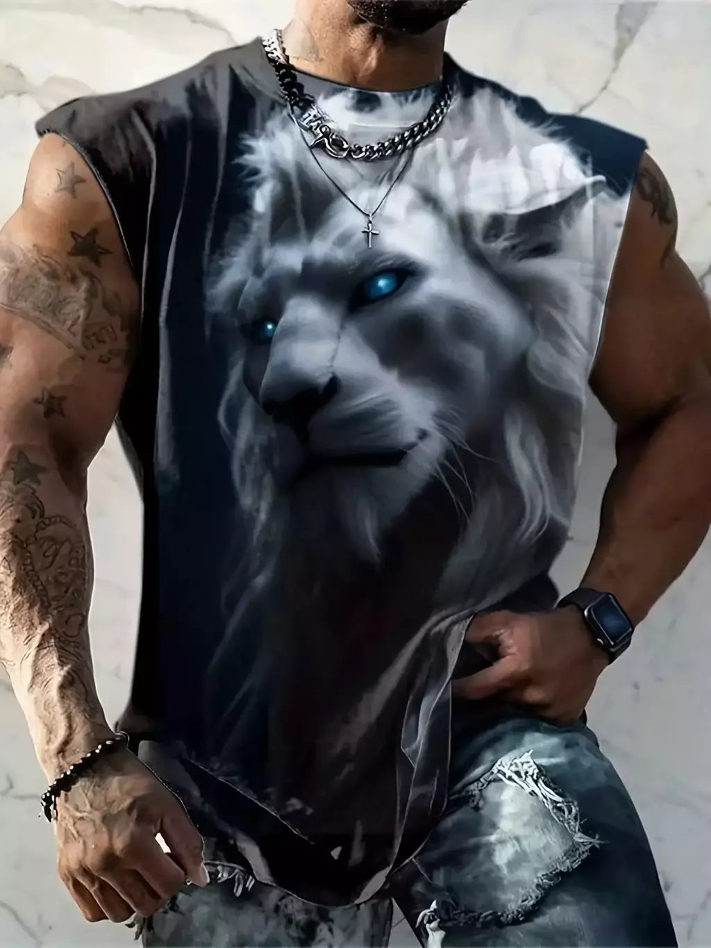 Camisola de alças estampada 3D leão tigre masculina, poliéster, versátil, casual, dominante na rua, gola redonda, sem mangas, primavera, verão, novo