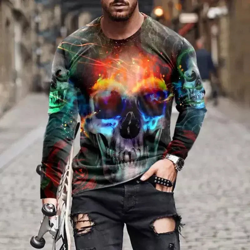 Crânio masculino gráfico t-shirts manga longa esqueleto impressão 3d rua homem t camisa outono o-pescoço casual y2k topo roupas masculinas de grandes dimensões