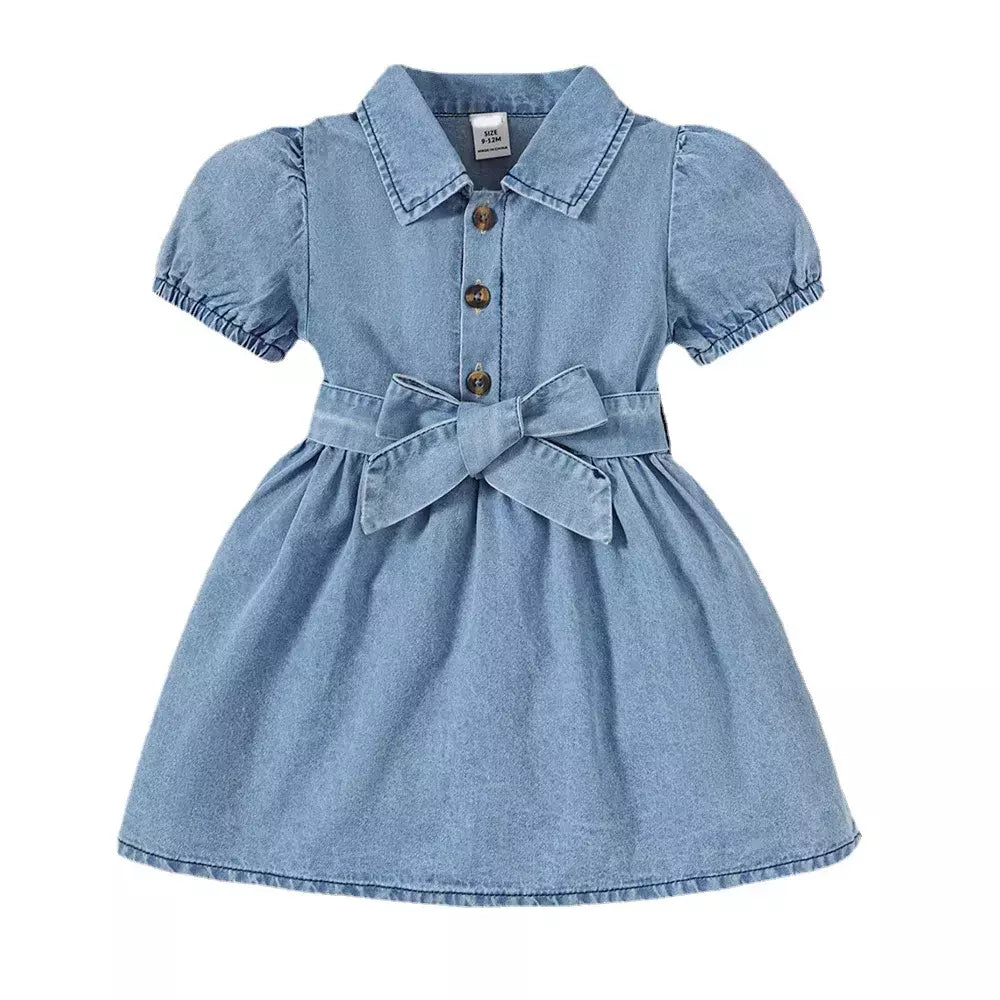 Bebê menina de manga bolha jeans lapela vestido casual, festa de aniversário, criança de 1 a 3 anos, moda verão