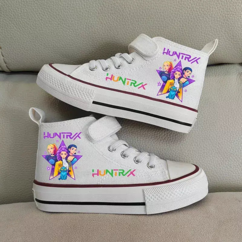 Novas crianças sapatos de lona de alta qualidade meninas sapatos kpop demônio caçadores crianças sapatos de placa branca estudante correndo tênis sapatos brancos