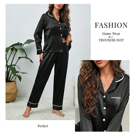Pijama de seda gelo de mangas compridas feminino, tamanhos grandes, monocromático, casual, solto, preto, botões macios, cardigã, roupa de casa, pijamas, outono, inverno