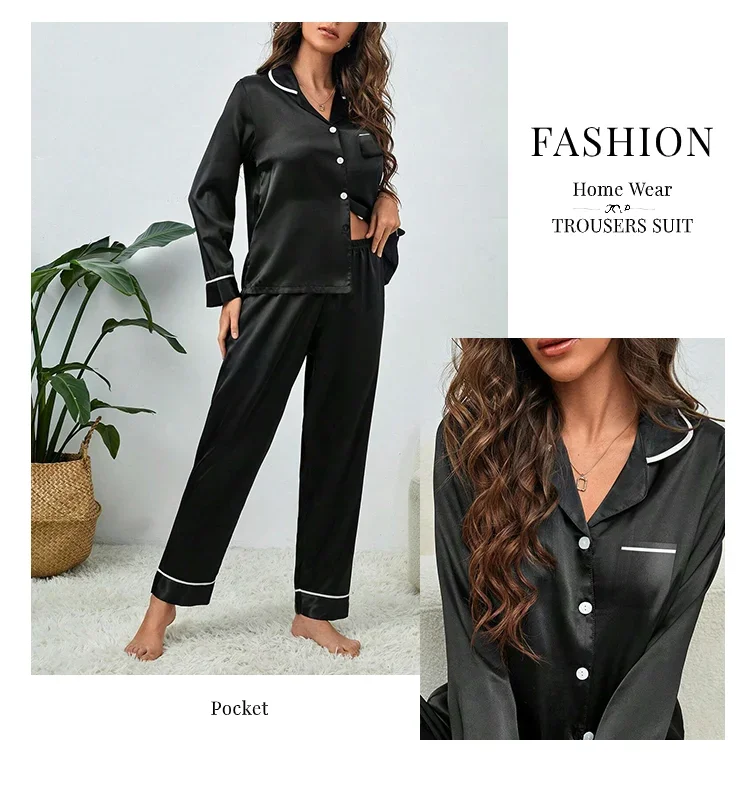 Pijama de seda gelo de mangas compridas feminino, tamanhos grandes, monocromático, casual, solto, preto, botões macios, cardigã, roupa de casa, pijamas, outono, inverno