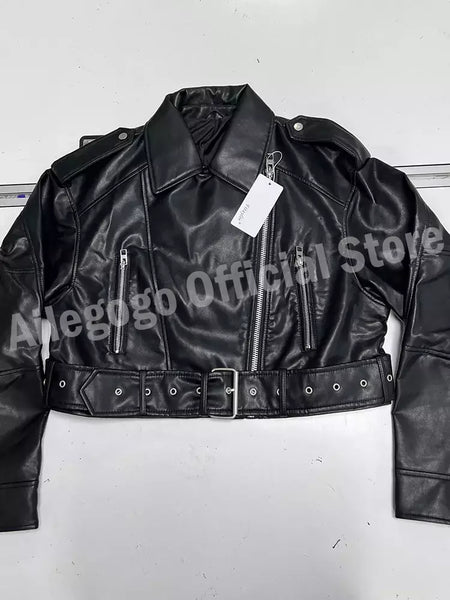 Ailegogo-Jaqueta curta feminina de couro PU falso com cinto, casaco de motociclista, lapela com zíper feminino, outwear solto, primavera, outono