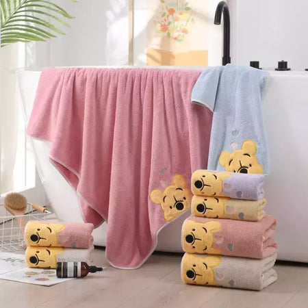 Winnie Bear Bath Towel Set para Crianças, Macio e Absorvente, Coral Velvet, Home Wash, Desenhos animados