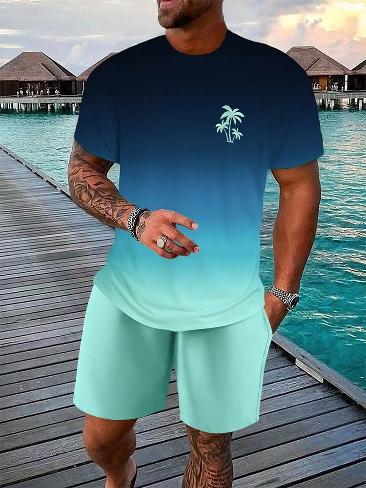 Camiseta de praia havaiana masculina, conjunto de 2 peças, manga curta, estampa palmeira, decote em O, moda exterior, casual, verão