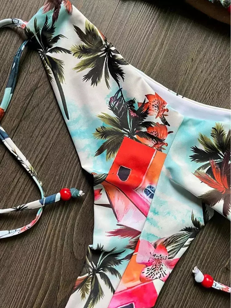 OIINAA-maiô sexy para mulheres, moda praia estampa halter, conjunto de biquíni com renda, maiô verão, moda praia sexy com cordão, 2 peças