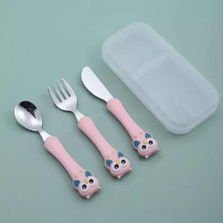 Talheres portáteis de aço inoxidável para crianças, Spoon Forks Box Utensílios de alimentação do bebê Conjunto de talheres para bebês, 3pcs
