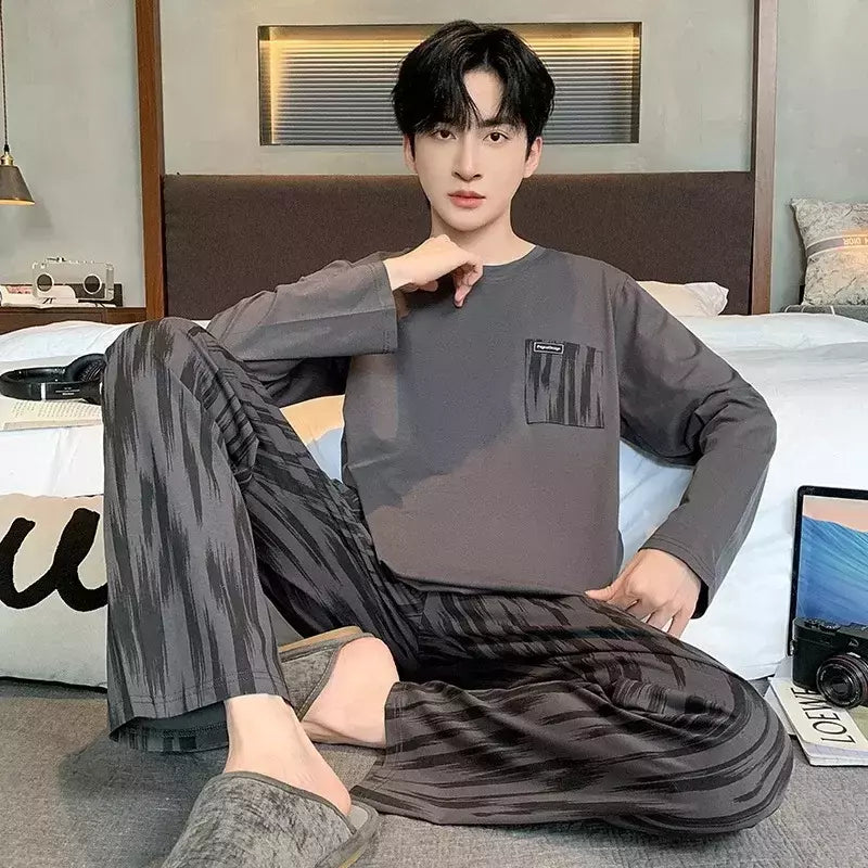 Pijama de algodão de duas peças masculino, calça de manga comprida, traje caseiro, estudante e adolescente, novo outono
